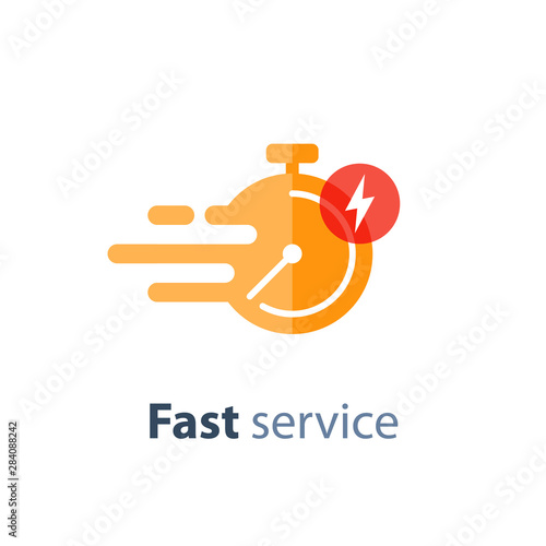 Timely service, fast delivery, time period, stopwatch in motion, vector icon