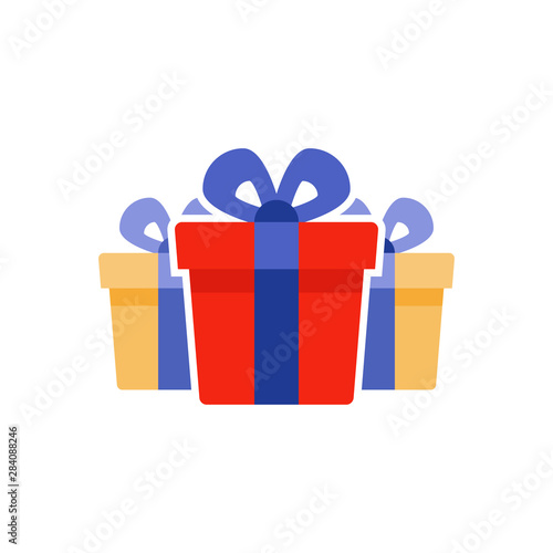 Loyalty reward prize, three surprising gift boxes, super present, birthday gift, flat icon