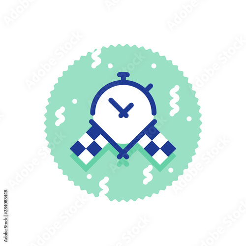 Super fast delivery service, race challenge best time result, crossed checkered flags and stop watch icon