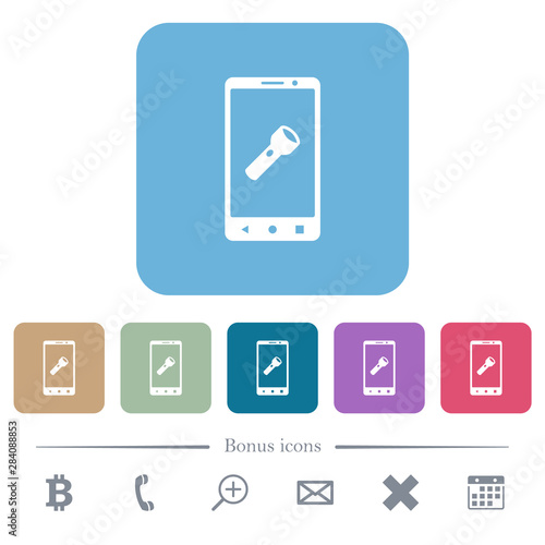 Mobile flashlight flat icons on color rounded square backgrounds photo