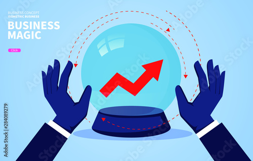 Business magic, businessman two hands touching crystal ball wishing
