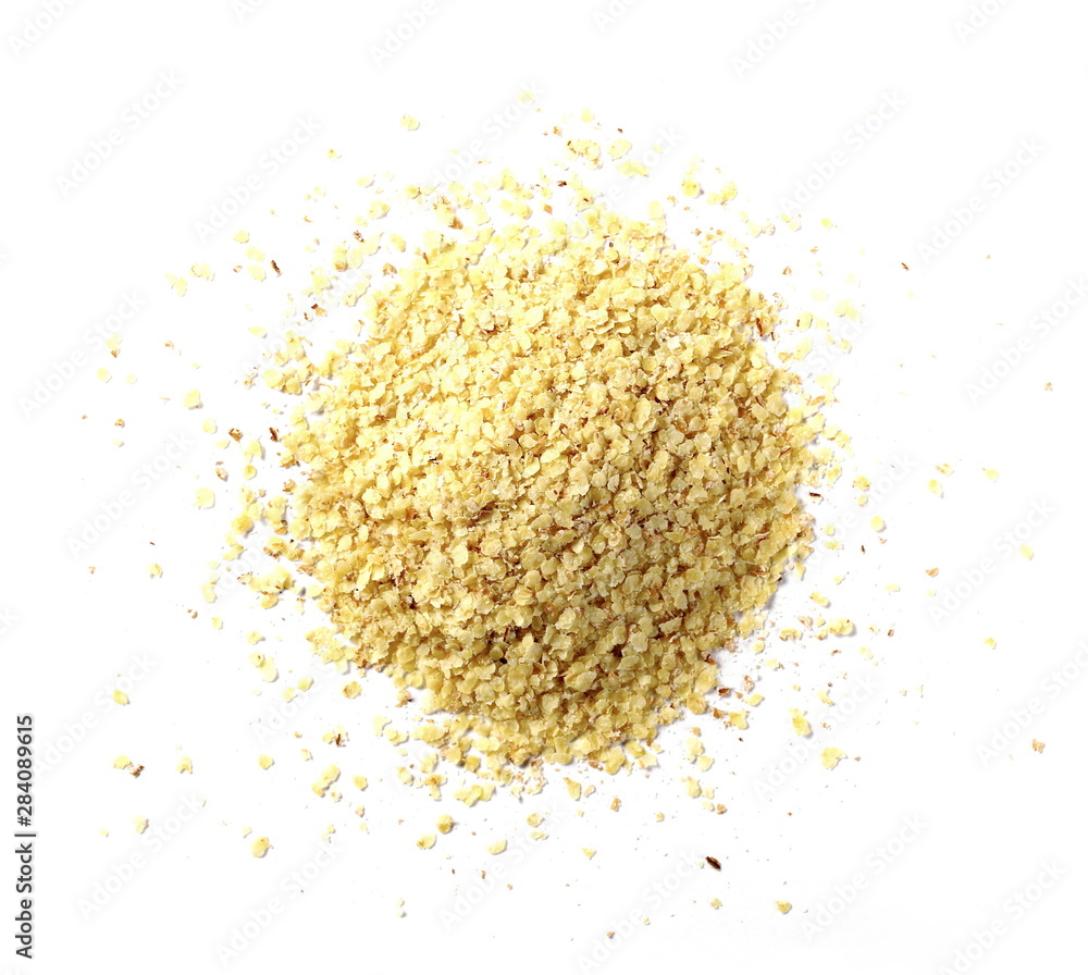 Wheat germ pile isolated on white background, top view Wheat germ pile isolated on white background, top view
