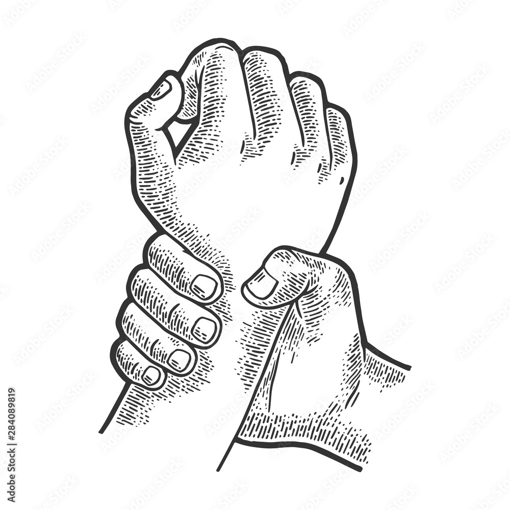 Hand catches other hand sketch engraving vector illustration. Scratch ...