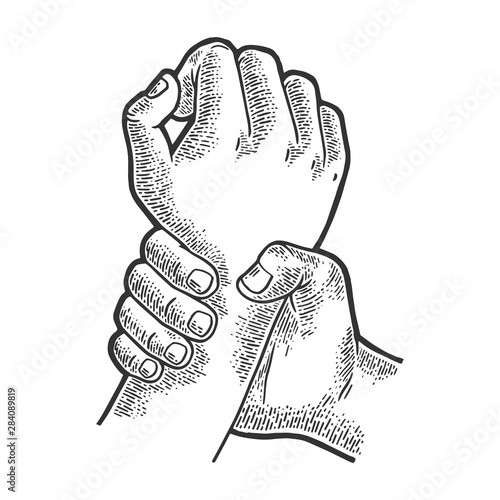 Hand catches other hand sketch engraving vector illustration. Scratch board style imitation. Black and white hand drawn image.