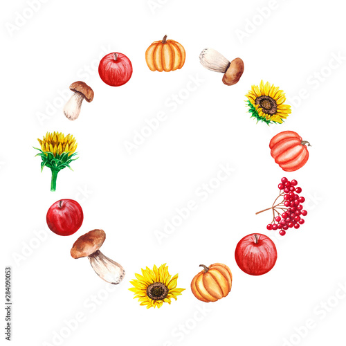 Frame with Watercolor mushrooms, sunflowers, pumpkins, apples, viburnum. Autumn farm decorative wreath for invitation card making