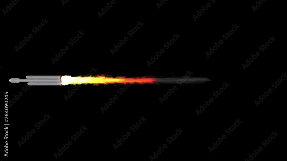 Animated simple plain rocket with three busters and payload on center core igniting its many engines spitting fire and smoke as if flying at very high speed and spinning. Black background and isolated Animated simple plain rocket with three busters and payload on center core igniting its many engines spitting fire and smoke as if flying at very high speed and spinning. Black background and isolated
