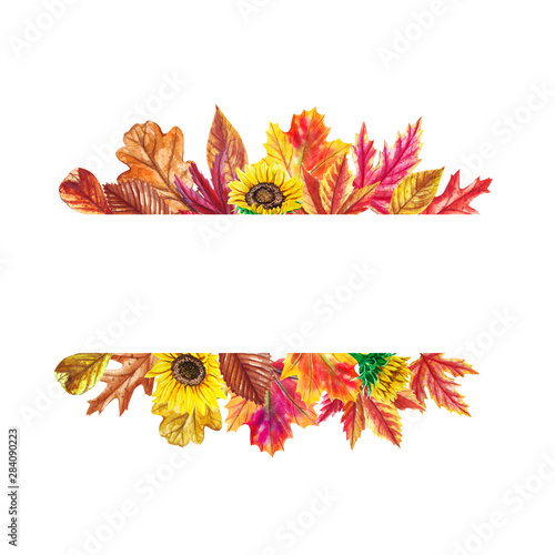 Watercolor autumn banner with  leaves and sunflowers isolated on white background. Illustration for greeting cards, wedding invitations, floral poster and decorations.