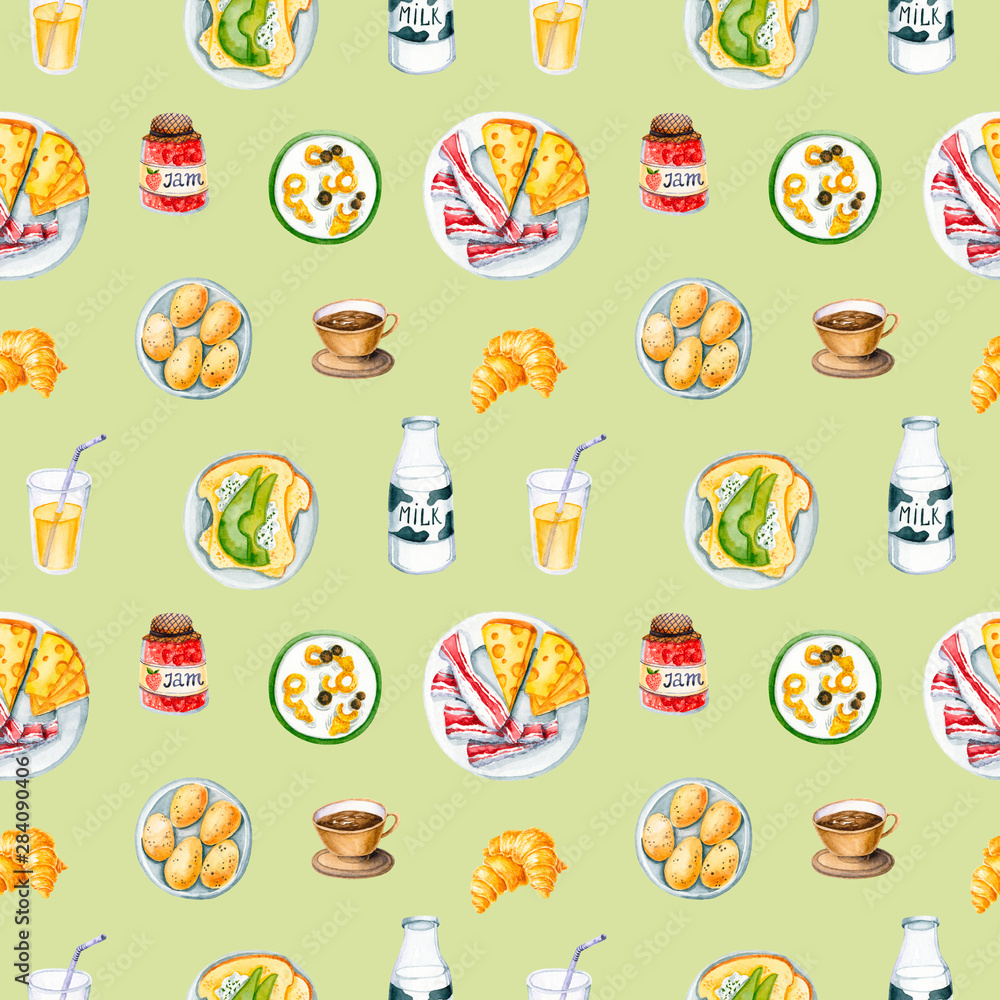 Seamless pattern with milk, toast, cereals, cheese, bacon, jam, cup, juice, oil, eggs. Isolated on green hand drawn illustration of breakfast food perfect for kitchen design, fabric textile, wallpaper Seamless pattern with milk, toast, cereals, cheese, bacon, jam, cup, juice, oil, eggs. Isolated on green hand drawn illustration of breakfast food perfect for kitchen design, fabric textile, wallpaper