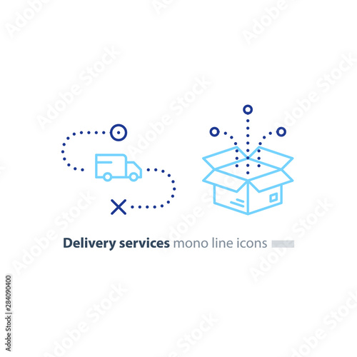 Truck delivery and box package, transportation services line icons