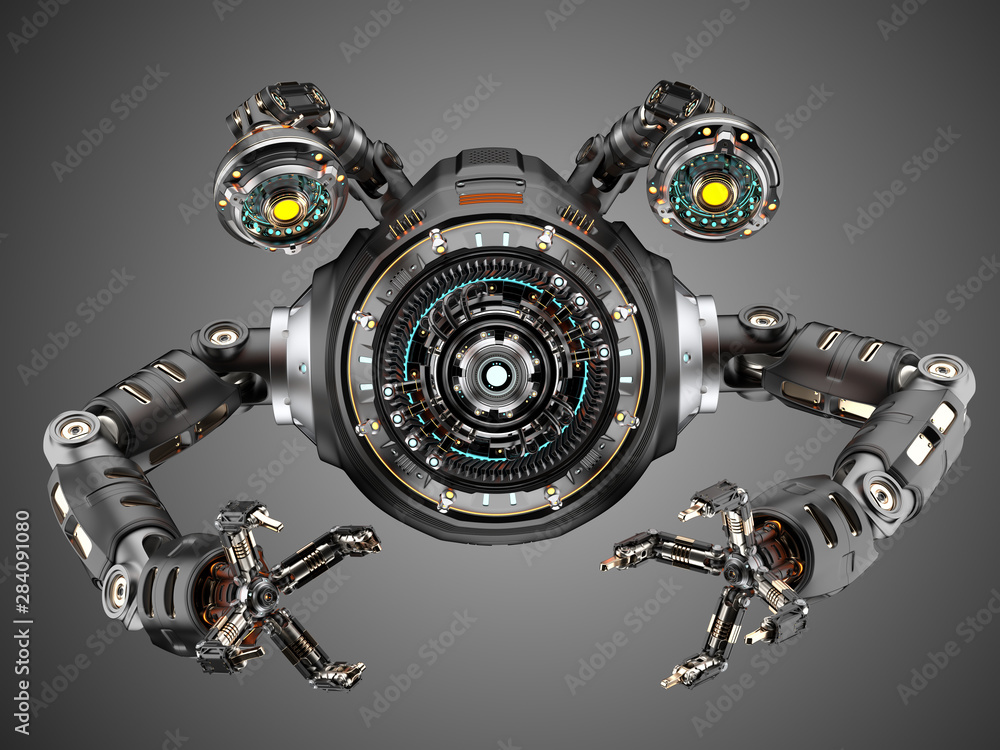 sci fi factory robot or futuristic metallic machine designed for building robotic components, cars or for any heavy jobs. Front view isolated on grey background. 3D illustration