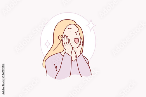 Concept WOW, surprised young happy woman. Beautiful cute girl is pleasantly excited by the gift. Good emotions of happiness. Cartoon flat Design Isolated Vector illustration