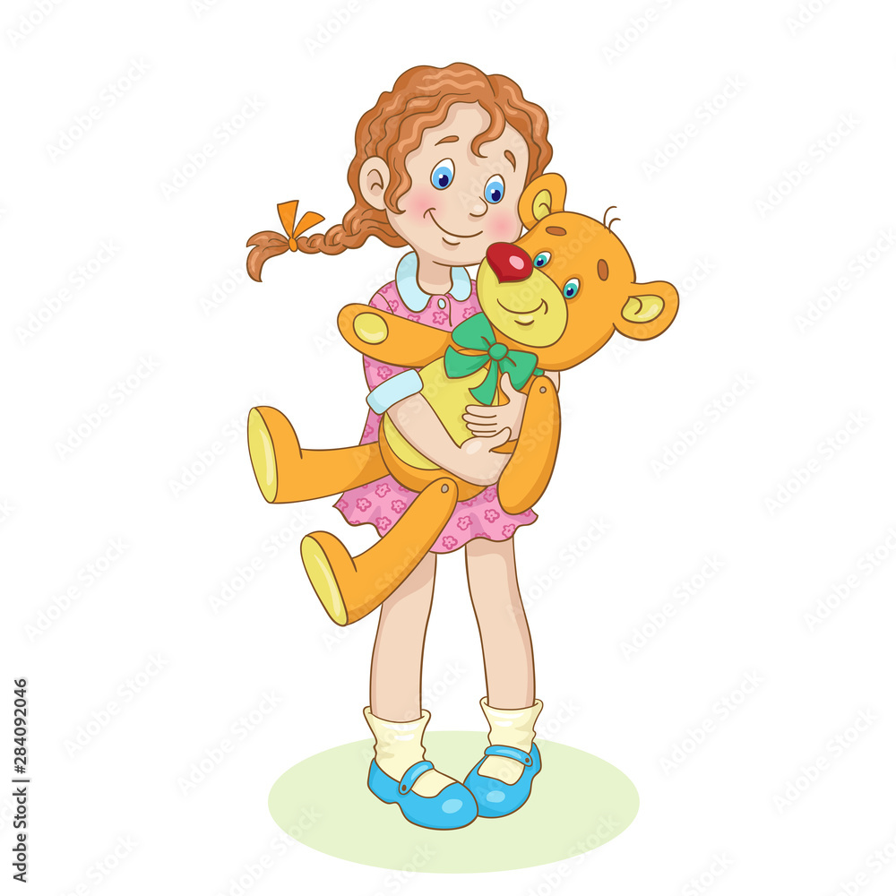 Cute little girl with a big teddy bear on her hands. In cartoon style ...
