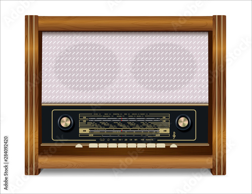 Radiol retro icon. Realistic illustration. Radio broadcasting with Russian interface. Isolated on a white background. Vector illustration.