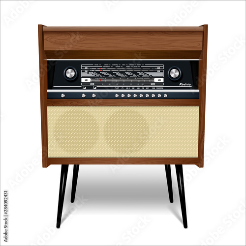 Radiol retro icon. Realistic illustration. Radio broadcasting with Russian interface. Isolated on a white background. Vector.
