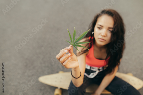 Attractive girl sits on a logboard and holds a piece of cannabis in her hand, looking at light drugs. Focus on hemp leaf in hand.