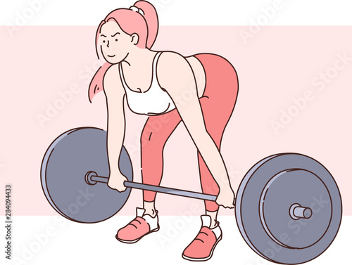 Sports Concept Young Beautiful Athletic Woman performing Bodybuilder exercises. Sports confident girl is ready to win on an allimpiade. Healthy lifestyle, be fit and lose weight. Cartoon flat Design