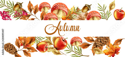 Autumn harvest banner Vector. Fall muchrooms and fruits decor posters
