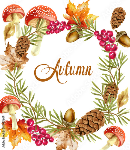 Autumn harvest wreath card Vector. Fall muchrooms and fruits decor posters