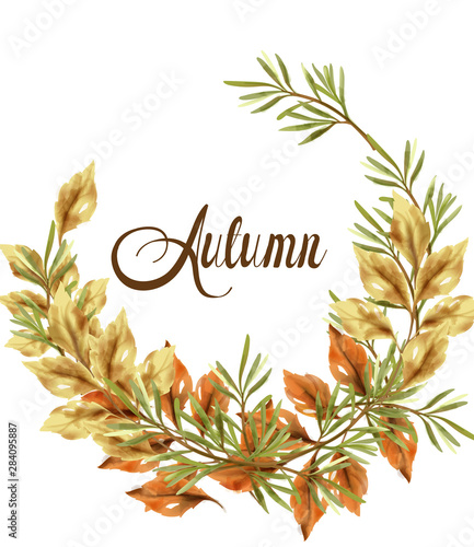 Autumn leaves wreath card. Vintage rustic poster. Fall boho decorations