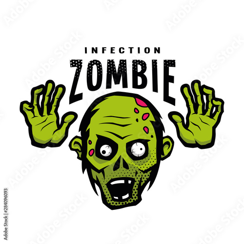 Cartoon green zombie, outbreak infection, emblem. Vector illustration.