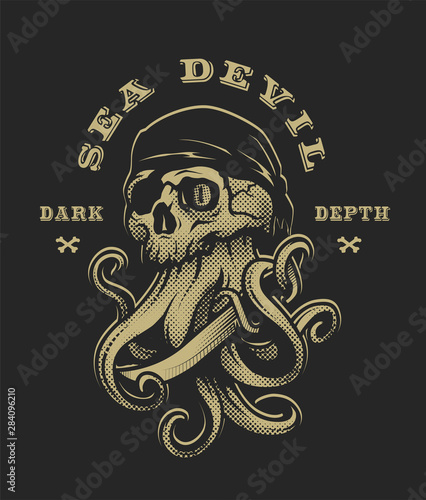 Sea devil. Pirate skull with tentacles of octopus on a dark background. Vector illustration.