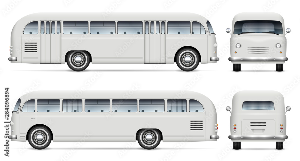 Retro bus vector mockup on white background view from side, front, back. All elements in the groups on separate layers for easy editing and recolor Retro bus vector mockup on white background view from side, front, back. All elements in the groups on separate layers for easy editing and recolor