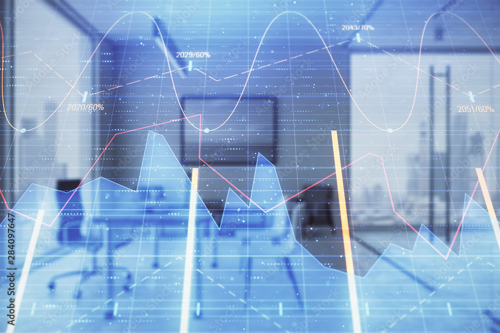 Business theme graph hologram with minimalistic cabinet interior background. Double exposure. Stock market concept. Business theme graph hologram with minimalistic cabinet interior background. Double exposure. Stock market concept.