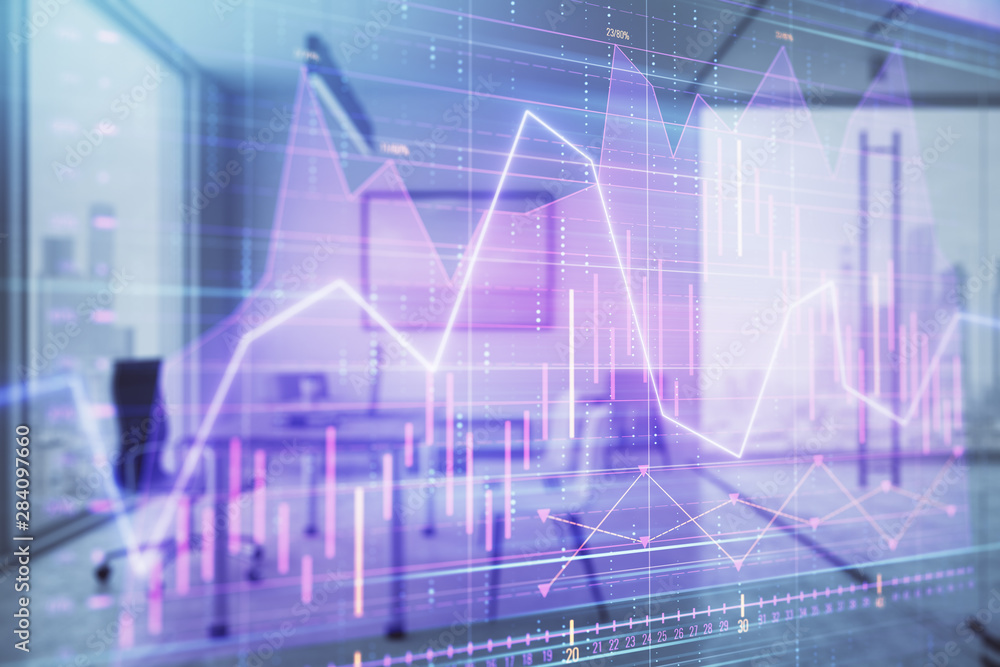 Business theme graph hologram with minimalistic cabinet interior background. Double exposure. Stock market concept. Business theme graph hologram with minimalistic cabinet interior background. Double exposure. Stock market concept.