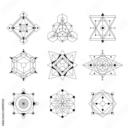 sacred geometry vector illustration black and white  set. Good for logo, design of yoga mat and clothes. Boho style.