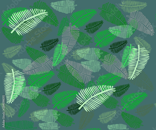 Seamless vector pattern of tropical green leaves on a green background. Beautiful nerd print for fabric. tropical leaf silhouette © littlemagic