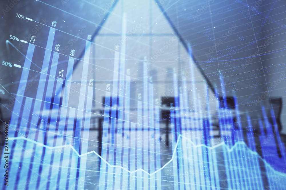 Double exposure of forex chart on conference room background. Concept of stock market analysis Double exposure of forex chart on conference room background. Concept of stock market analysis