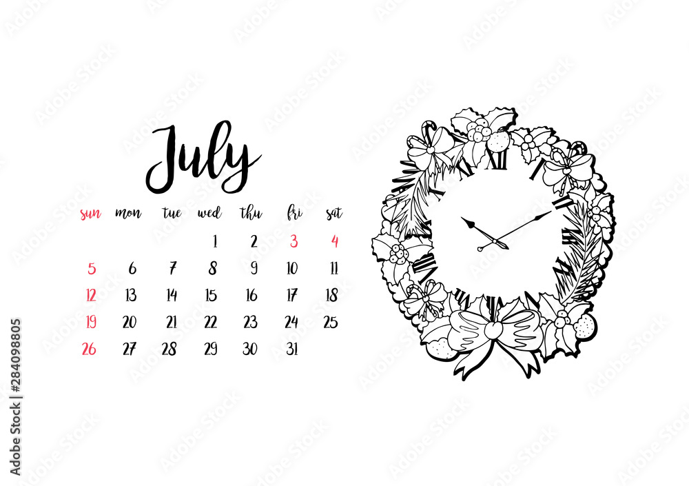 Monthly desk calendar horizontal template 2020 for month July. Week ...