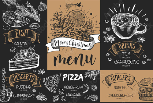 Christmas menu design. Vector hand drawn illustrations. Design template.