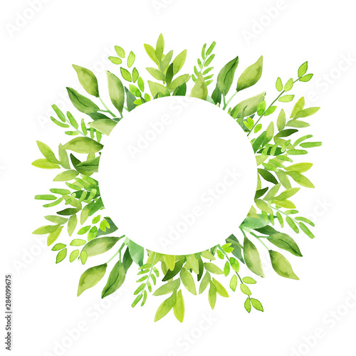 Watercolor hand painted botanical leaves illustration round template isolated on white background