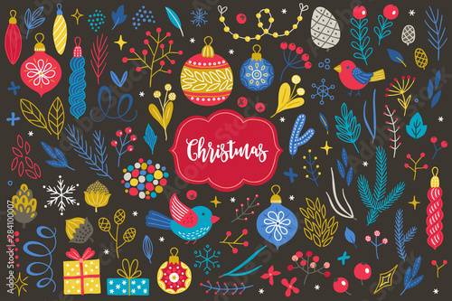 Set of vector Christmas elements - snow, cone, bird, ball, bauble