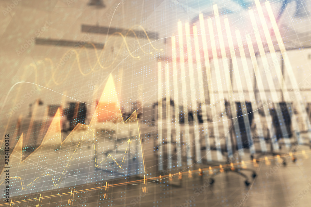 Stock and bond market graph with trading desk bank office interior on background. Multi exposure. Concept of financial analysis Stock and bond market graph with trading desk bank office interior on background. Multi exposure. Concept of financial analysis