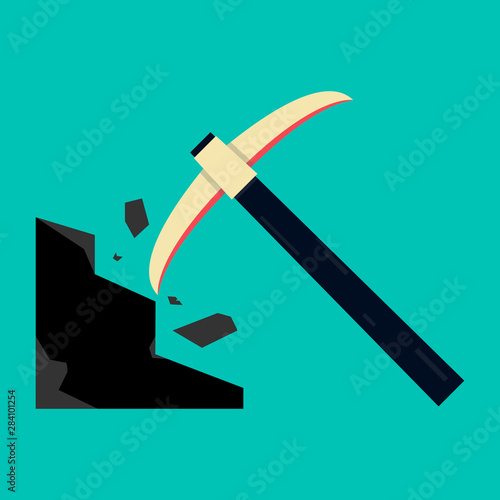 Pickaxe breaking mountain linear icon. Mining. Navvy pick. Contour symbol. Editable stroke