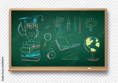Illustrations of education items on chalkboard