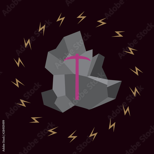 Pickaxe breaking mountain linear icon. Mining. Navvy pick. Contour symbol. Editable stroke