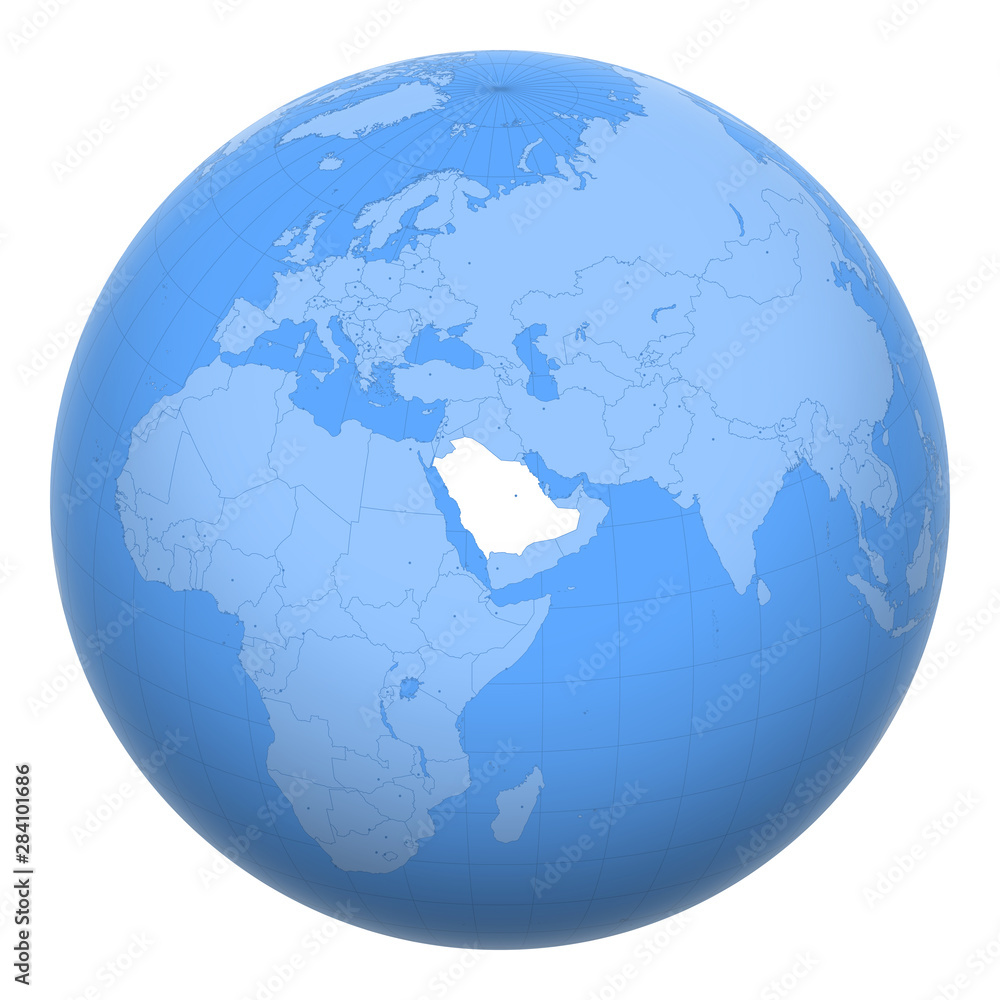 Saudi Arabia on the globe. Earth centered at the location of the Kingdom of Saudi Arabia. Map of Saudi Arabia. Includes layer with capital cities.