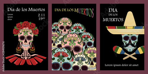 Set of vector illustrations for the day of the dead. Mexican skulls. Design elements for flyer, postcard, poster, banner.