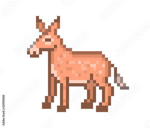 Brown donkey, pixel art pack animal character isolated on white background. 8 bit mule icon. Old school vintage retro slot machine/video game graphics.