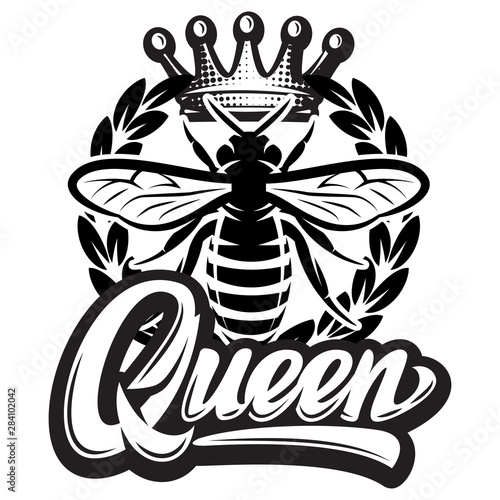 Vector pattern with flying bee, crown and calligraphic inscription - queen