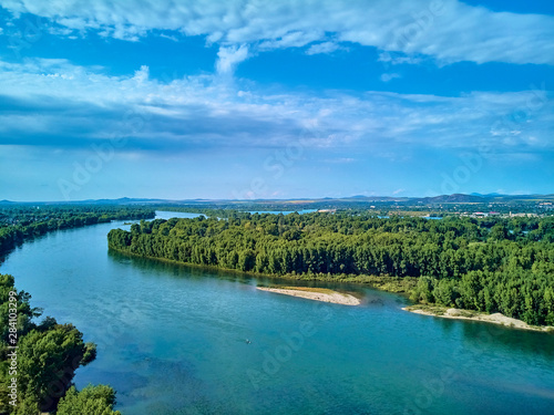 Beautiful panoramic aerial drone view to the confluence of the rivers Irtysh and Ulba in UST-KAMENOGORSK (Oskemen), QAZAQSTAN