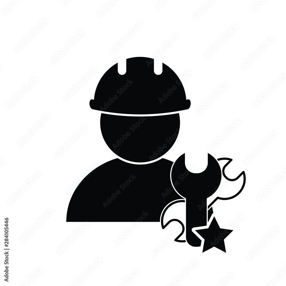 Man with hard hat. Engineer Icon. repair, fix sign Man with hard hat. Engineer Icon. repair, fix sign
