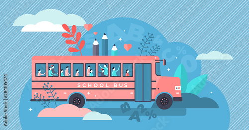 School bus vector illustration. Flat tiny pupil transport persons concept.