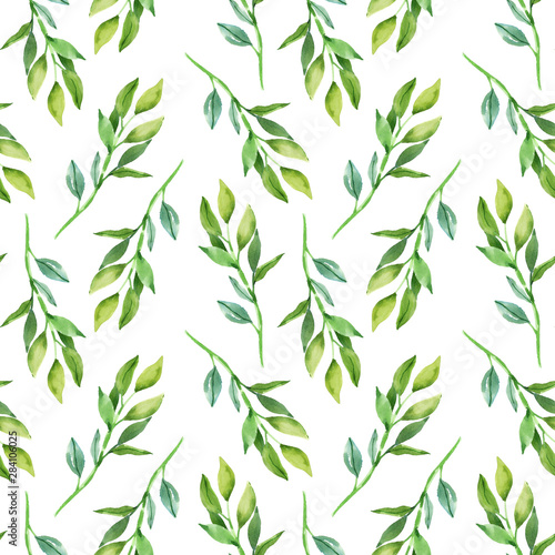 Water-colour hand painted botanical leaves and branches illustration seamless pattern, wallpaper, wrapping paper. © Salnikova Watercolor