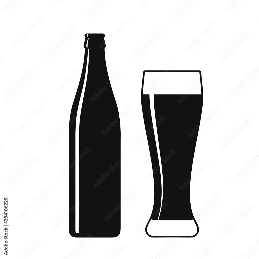 Beer bottle and glass graphic icon. Beer bottle and glass sign isolated on white background. Vector illustration