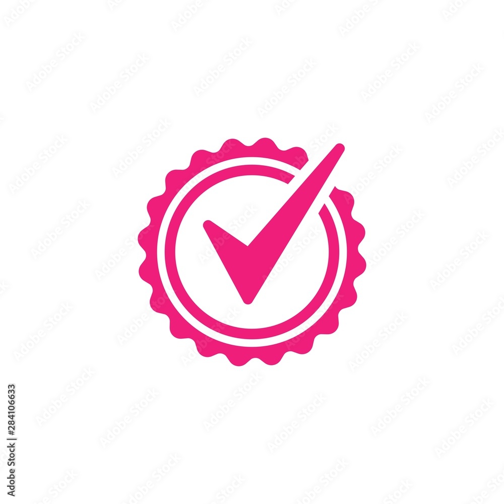 Valid Seal icon. Pink circle with ribbon outline and pink tick. Flat OK sticker icon. Valid Seal icon. Pink circle with ribbon outline and pink tick. Flat OK sticker icon.