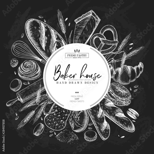 Bakery set. Hand drawn bread, loaf, croissant, pretzel, macaron, pie, baguette. Wheatl flour pastry. Chalkboard vector engraved banner. For restaurant and cafe menu, baker shop pasty sweets.